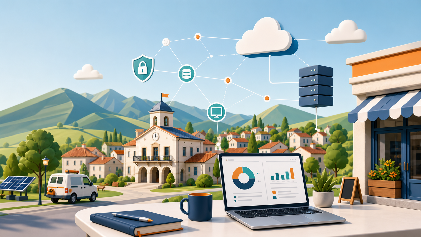 Ilustración de tecnología, datos y ciberseguridad conectando un entorno rural